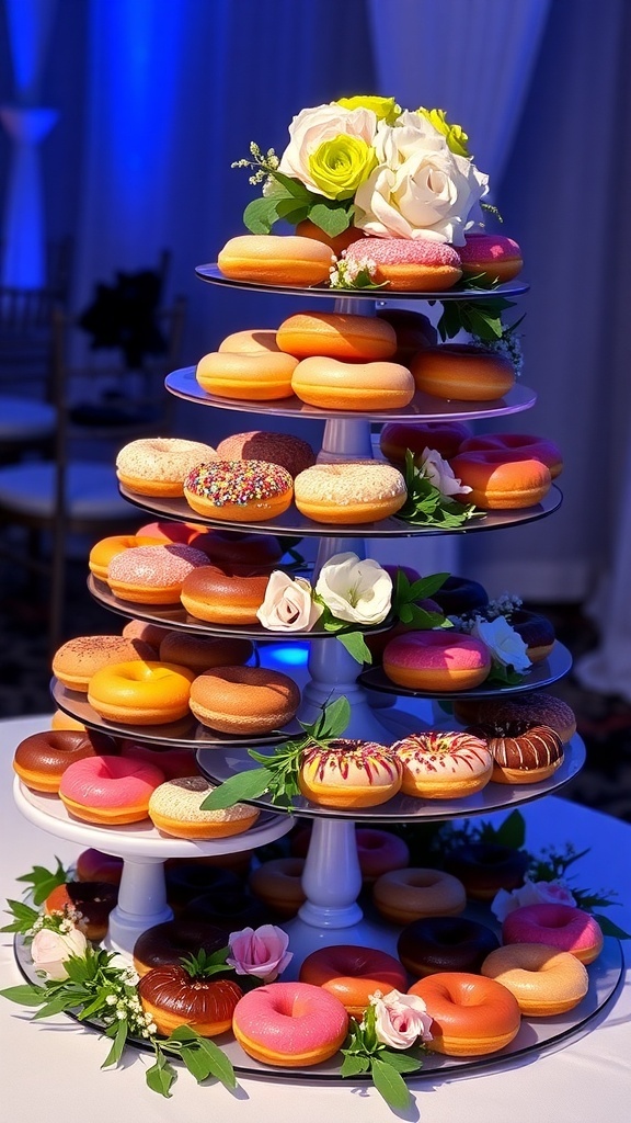 An elegant wedding donut display with assorted gourmet donuts on tiered stands, decorated with flowers.
